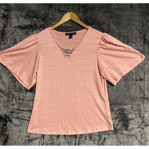 A Love Story Women's Large Peach Rhinestone Top V Neck‎ Short Sleeve Dainty
